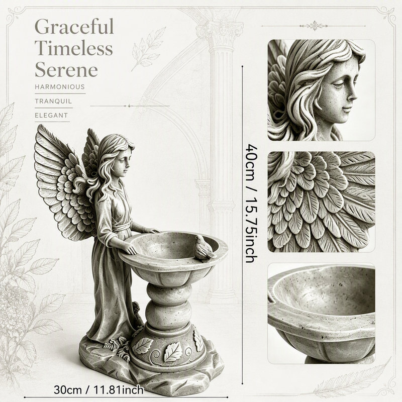Sculpture gracieuse d'ange avec bain d'oiseaux et lavabo sur piédestal, statue de jardin en résine résistante aux intempéries pour la décoration extérieure