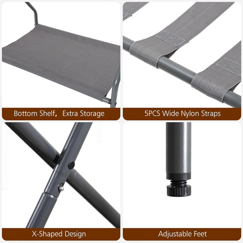 Gray Foldable Metal Luggage Rack with Storage Shelf, Set of 2
