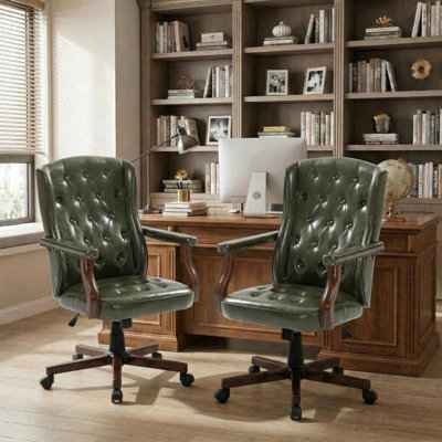 Fauteuil de direction ergonomique, dossier à oreilles en similicuir, hauteur réglable, base en bois robuste