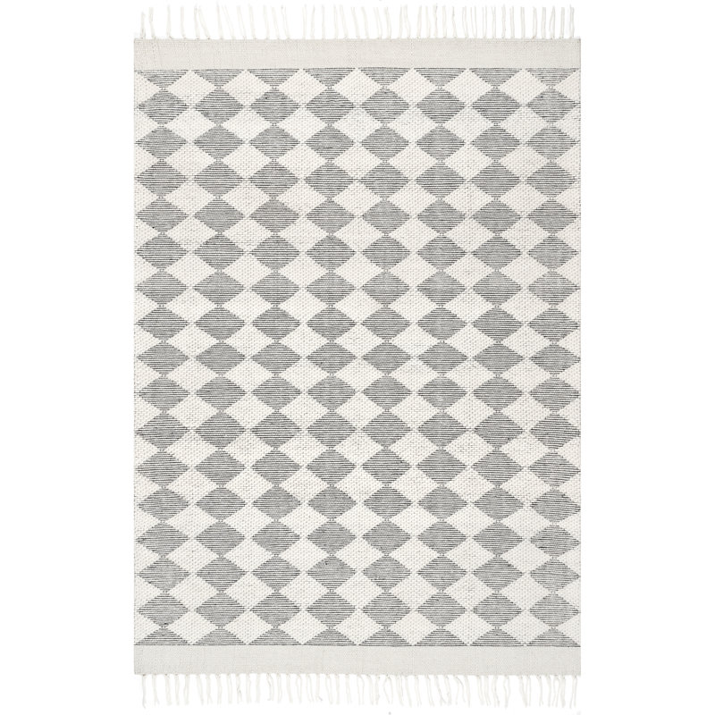Gray and White Diamond Pattern Wool Blend 6' x 9' Area Rug