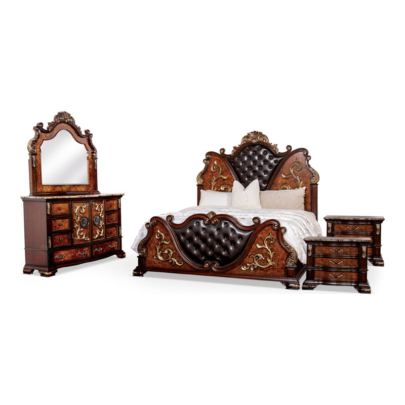 Ensemble de chambre à coucher Allerdale, Grand lit, Cinq pièces : Lit, 2 tables de chevet, commode, m
