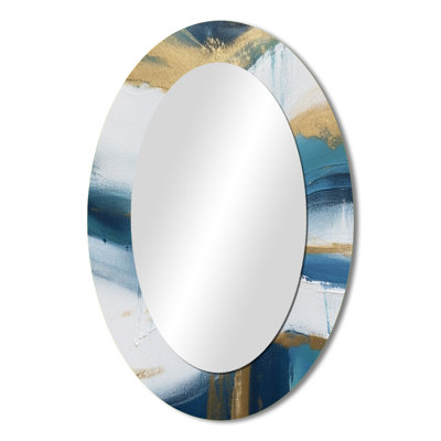 Essential Blue Abstract Minimal Wave Painting II - Large Oval Wall Mirror On Metal