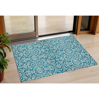 HomeRoots 3' X 5' Teal Blue And Ivory Damask Washable Indoor Outdoor Area Rug