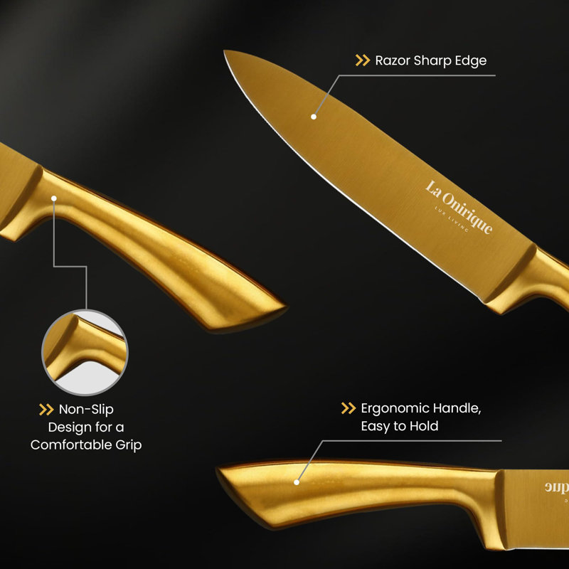 8 Pieces Gold Knife Set With Block Rod-Sharpener