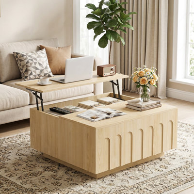 Table basse à plateau relevable de 31,5 po avec rangement, table basse moderne en bois de style Mid-Century avec grand rangement caché et conception arquée, table centrale carrée avec plateau relevable pour salon, bureau, naturel