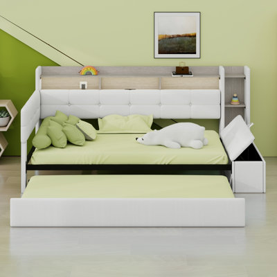 Modern Upholstered Daybed with Storage Footstool, Built-In Shelves, Trundle, USB Charging and LED  Light