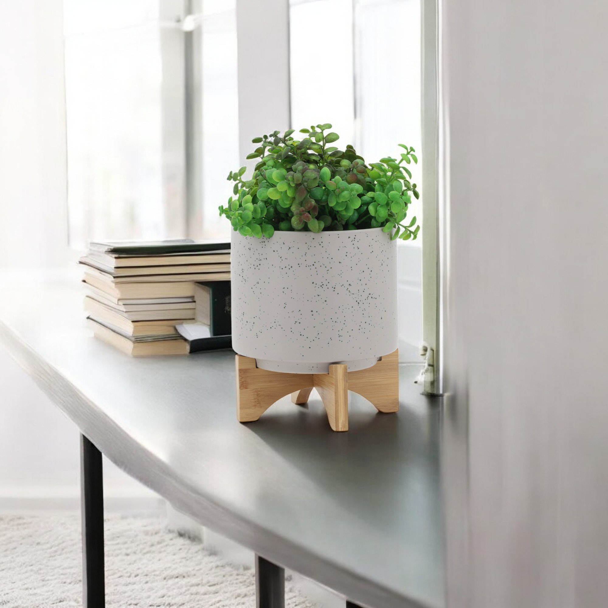 Sagebrook Home Ascend Neutral Ceramic Planter Pot with Stand Indoor/Outdoor, Beige, 9" H x 8" W x 8" D, 1