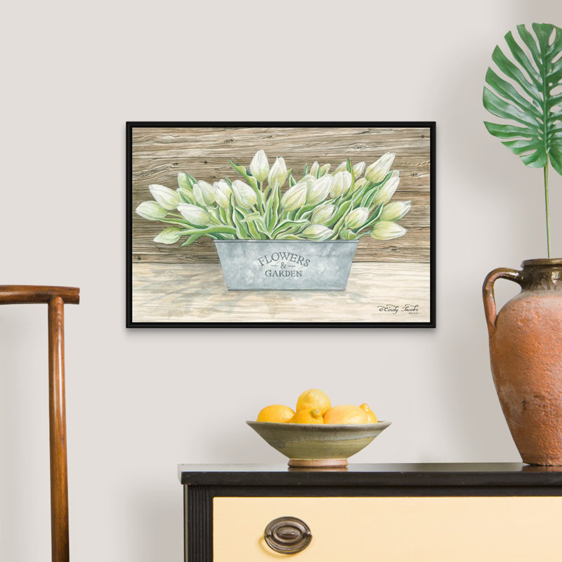 «Flowers and Garden Tulips» par Cindy Jacobs - Reproduction d'art sur toile, Cadre noir, H 18 po x l 26 po x P 1,75 po