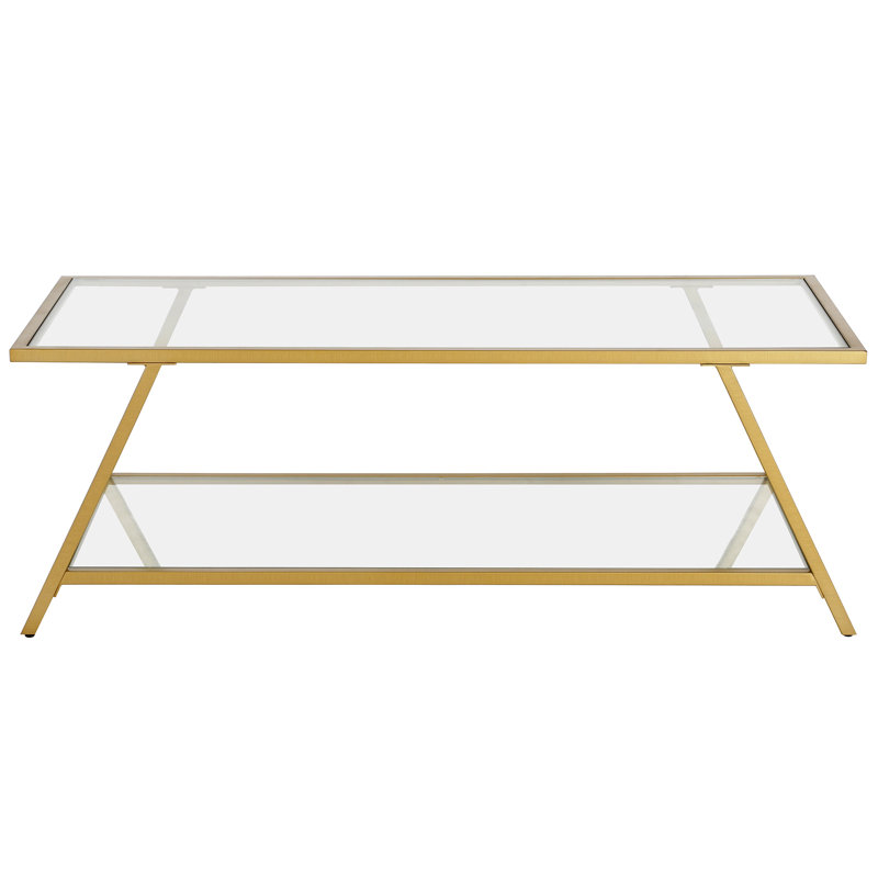 Yair 48" Glass And Steel Coffee Table With Shelf, Brass