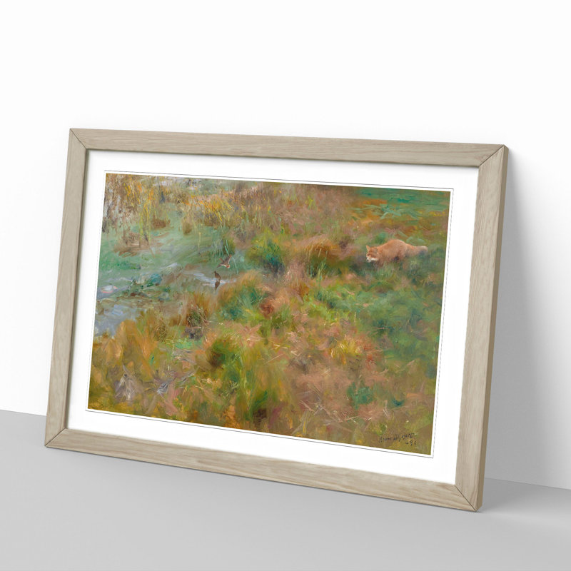 Fox Watching the Ducks by Bruno Liljefors - Picture Frame Painting, 48cm H x 65cm W x 2cm D, Oak Framed