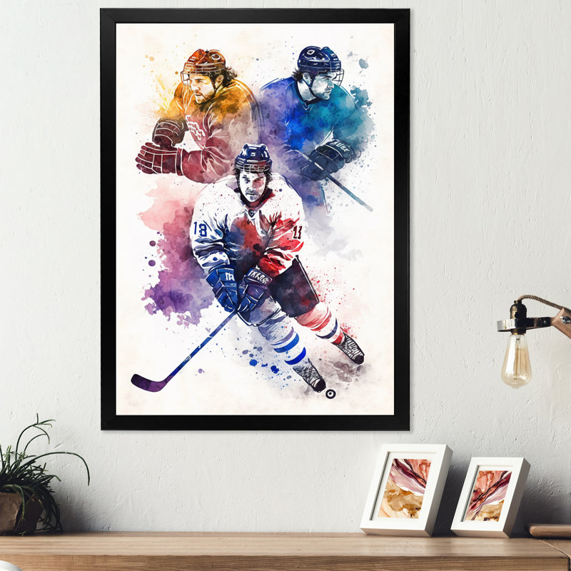 Trois joueurs de hockey pendant la partie I - Impression sur toile, Impression noire sur toile encadrée