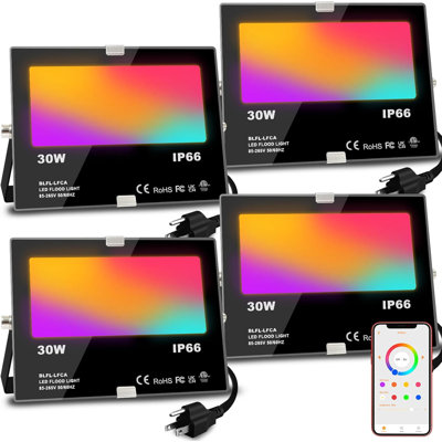 Projecteur d'extérieur à DEL 30 W, 300 W équivalent à un éclairage intelligent RVB 300 W avec contrôle APP, Scènes de bricolage - Timing - Blanc chaud 2700 K - Lumière changeante de couleur, IP66, prise américaine MELPO (paquet de 4)