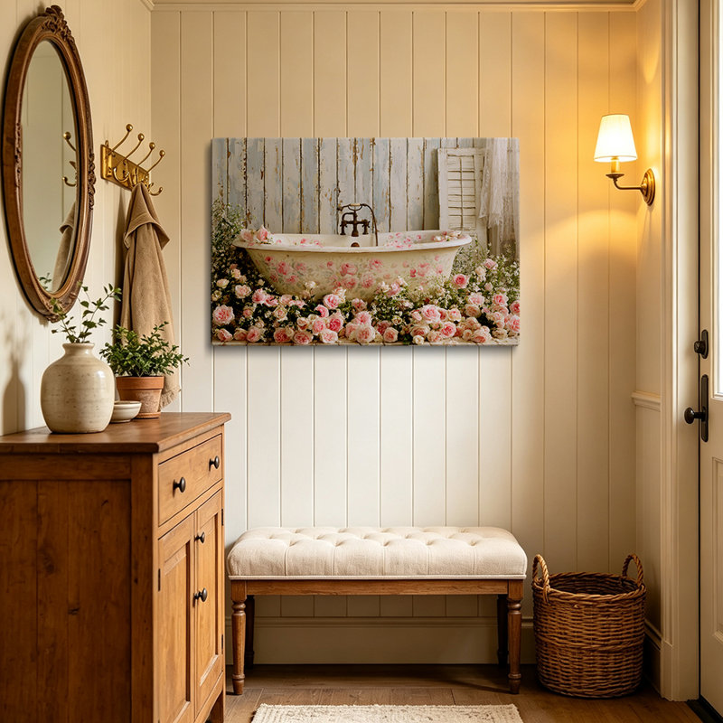 Tableau 2D sur toile, style shabby chic romantique, motif floral, baignoire, 101,6 x 76,2 cm (40 x 30 pouces) - Décoration de salon