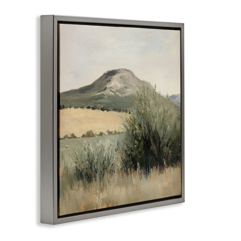 Cadre flottant Spring Mountain Meadow Landscape, design par Petal Prints Design, Cadre flottant gris lustré