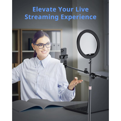 12" LED Ring Light With Overhead Phone Mount, Adjustable Stand, Bluetooth Remote, 3 Color Modes & 10 Brightness Levels For Live Streaming, Video Recording, Content Creation