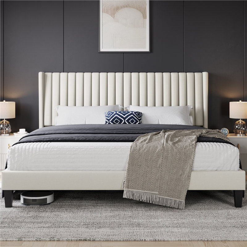 Upholstered Bed Frame with Wing Side, Beige, King