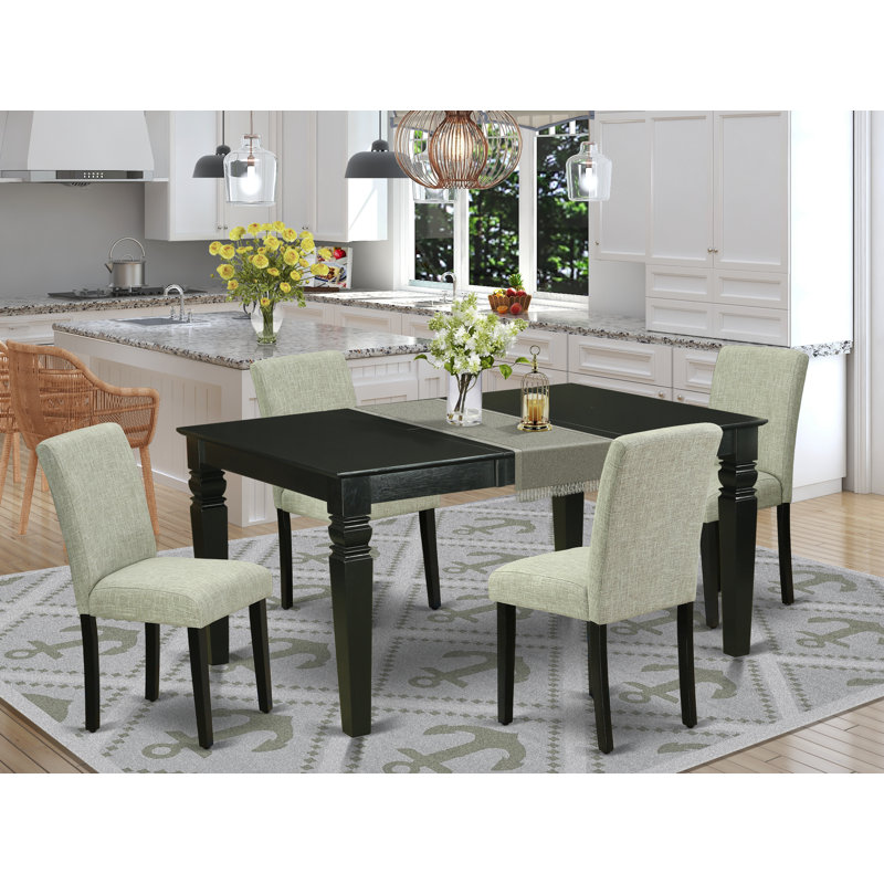 Cet ensemble de salle à manger 5 pièces comprend une table de salle à manger rectangulaire avec feuille papillon et 4 chaises Parson rembourrées en lin Shitake, noir