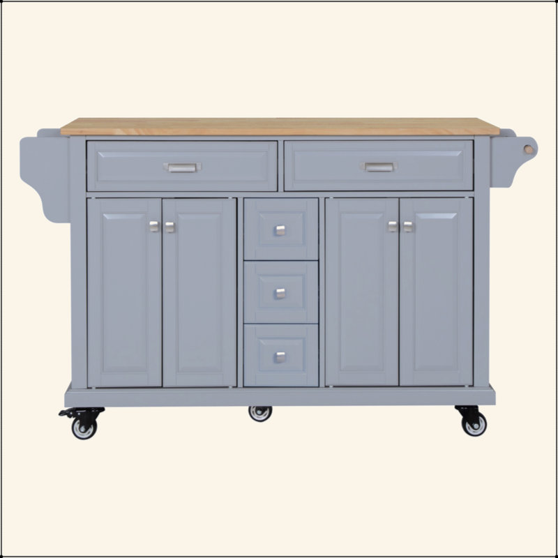 Kitchen Island With Rubber Wood Countertop, Kitchen Cart On 5 Wheels With Storage Cabinet And 5 Drawers For Dinning Room