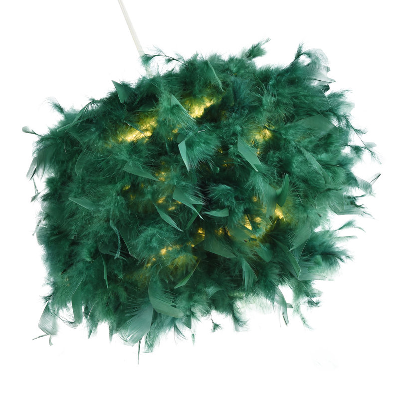 Eye-Catching and Modern Genuine Feather Decorated Pendant Light Shade, 20cm H x 25cm W x 25cm D, Forest