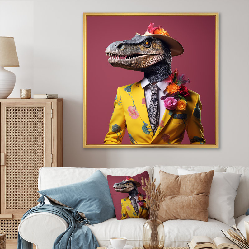 Dinosaure rose et jaune en costume - art de mur de dinosaure, Cadre flottant doré, H 30 po x l 30 po
