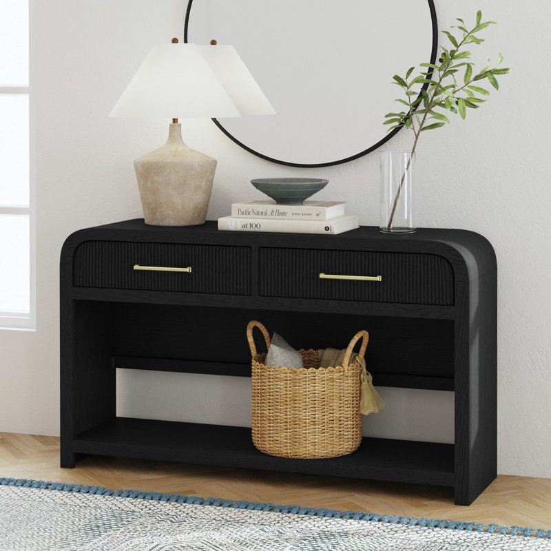 Gagne Sofa Table with Bottom Shelf in Black with Grain, Black