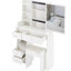 Coiffeuse blanche de style américain de 128 cm de haut avec tiroir à gauche, miroir coulissant à droite, rangements multiples et tabouret rembourré pour petites chambres, hauteur 74 cm.