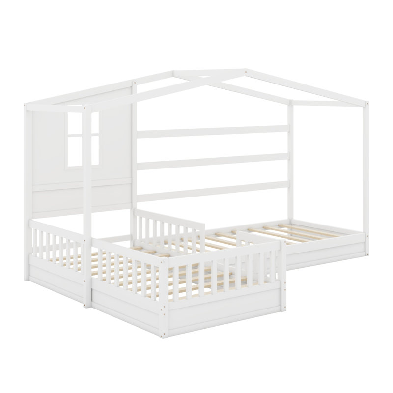 Lit en bois, structure en L avec clôture et structure à lattes, blanc