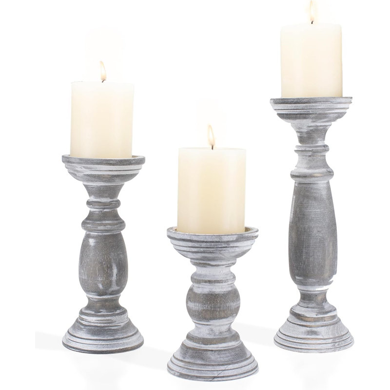 Ensemble de 3 porte-bougies en bois gris rustique