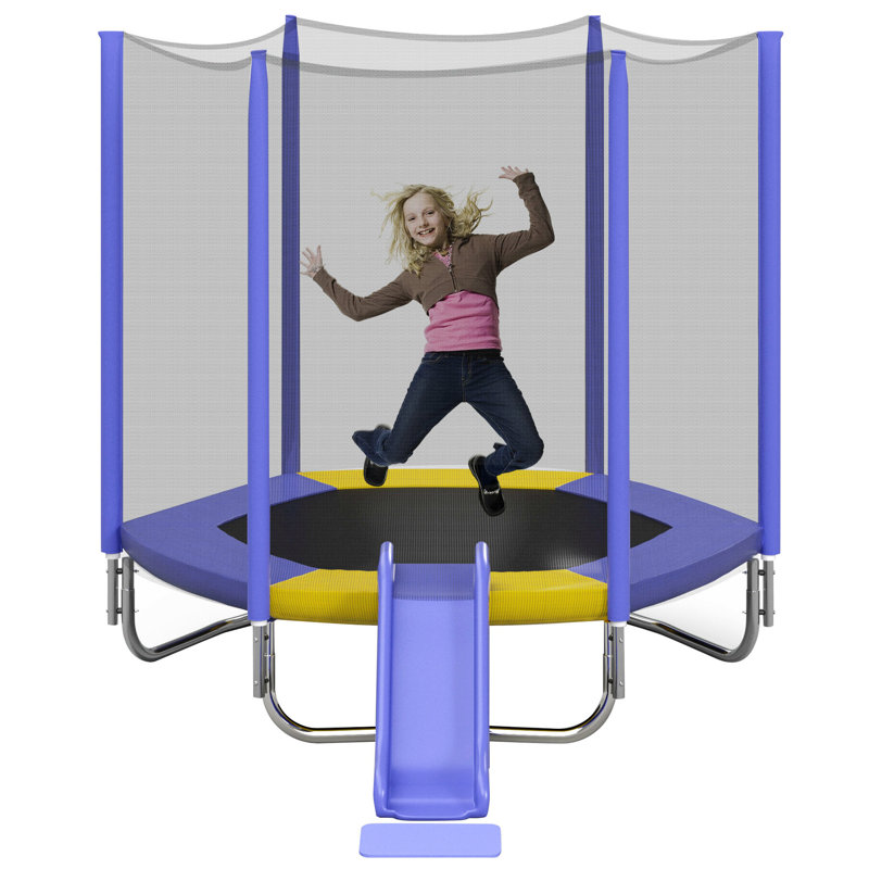 Trampoline with Safety Enclosure Net, Slide and Ladder Recreational Trampoline, Purple