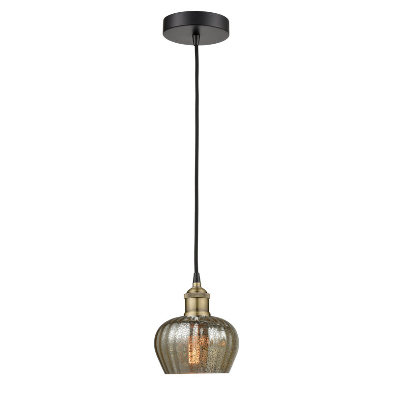 Luminaire suspendu simple à 1 lumière Noille, H 8,5 po x l 6,5 po x P 6,5 po, Mercurisé, Laiton antique