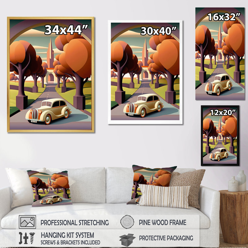 «Fancy Retro Car In Abstract Autumn Landscape», reproduction sur toile, H 20 po x l 12 po x P 1 po, Toile tendue
