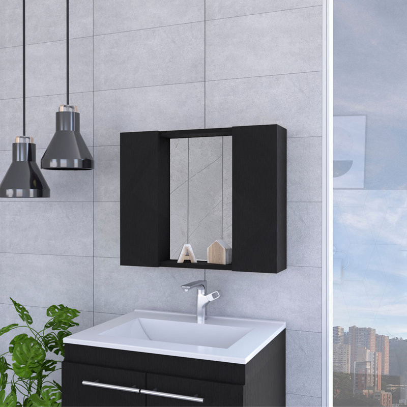 Draco Medicine Cabinet, Mirror, Double Door, One External Shelf, Black