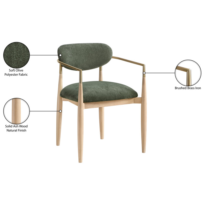 Riccio Performance Fabric Upholstered Dining Arm Chair, Olive, Stained Natural / Brushed Brass