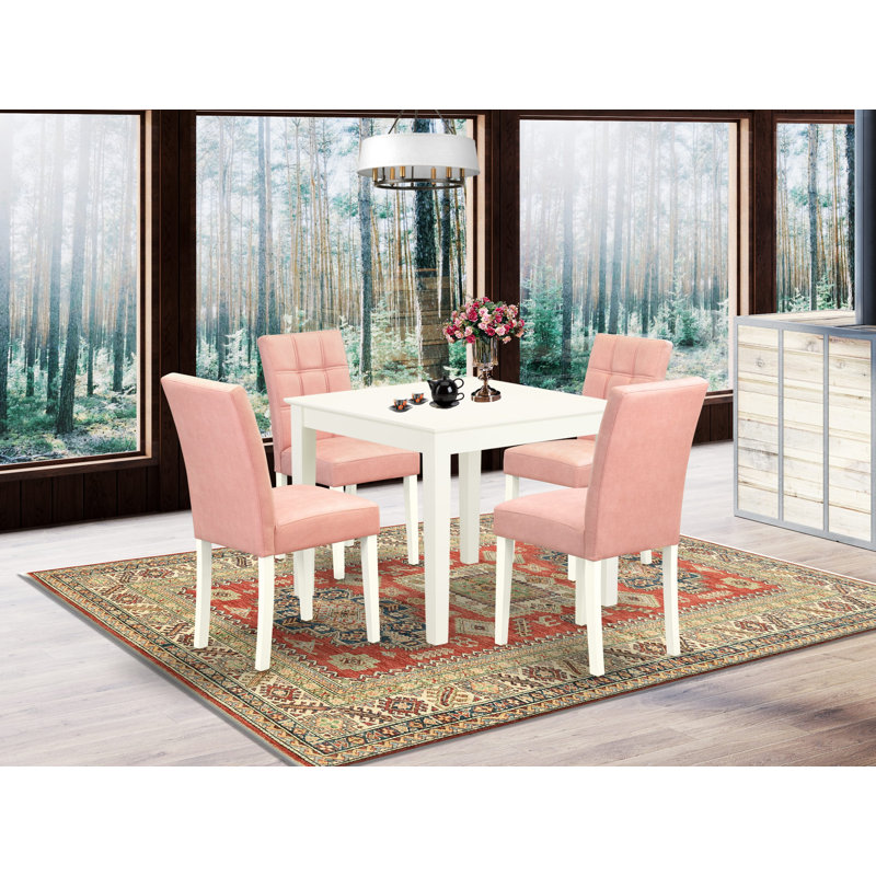 5 Piece Dinette Table Set consists A Kitchen Table and 4 Beige Red Polyester Fabric Padded Chairs with Stylish Back- Linen White Finish