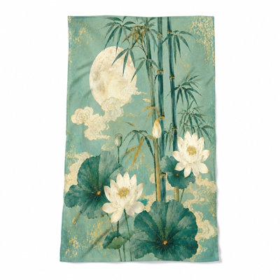 1Pcs Élégante serviette de plage en bambou Lotus Moon, avec des tiges sereines, des lotus en fleurs et un fond texturé sur fond bleu pâle et doré. Grande microfibre, parfaite pour les voyages, les journées à la piscine, les décorations pour la maison, unisexe