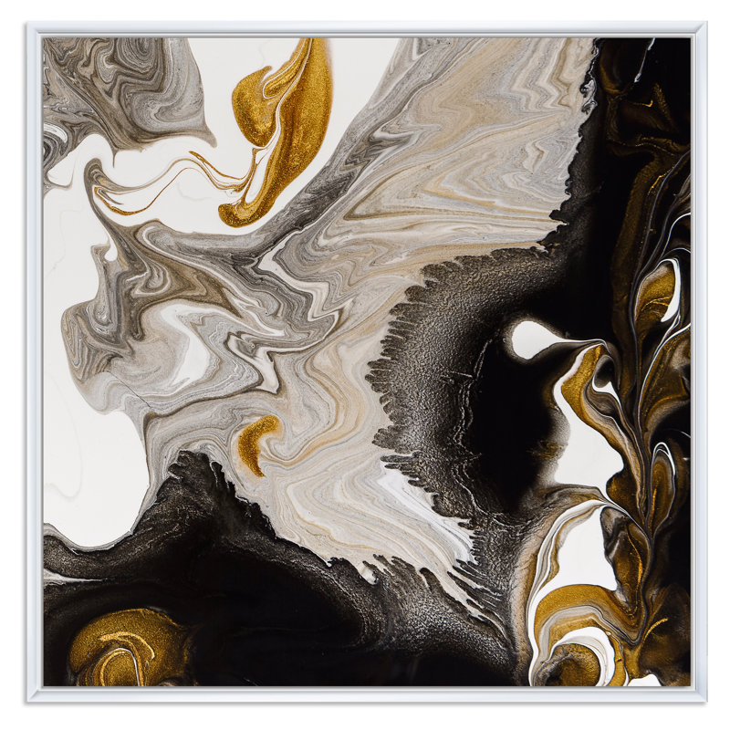 «Gold and Black Marble Waves IV», reproduction d'art sur toile moderne, Cadre flottant blanc, H 16 po x l 16 po x P 1 po
