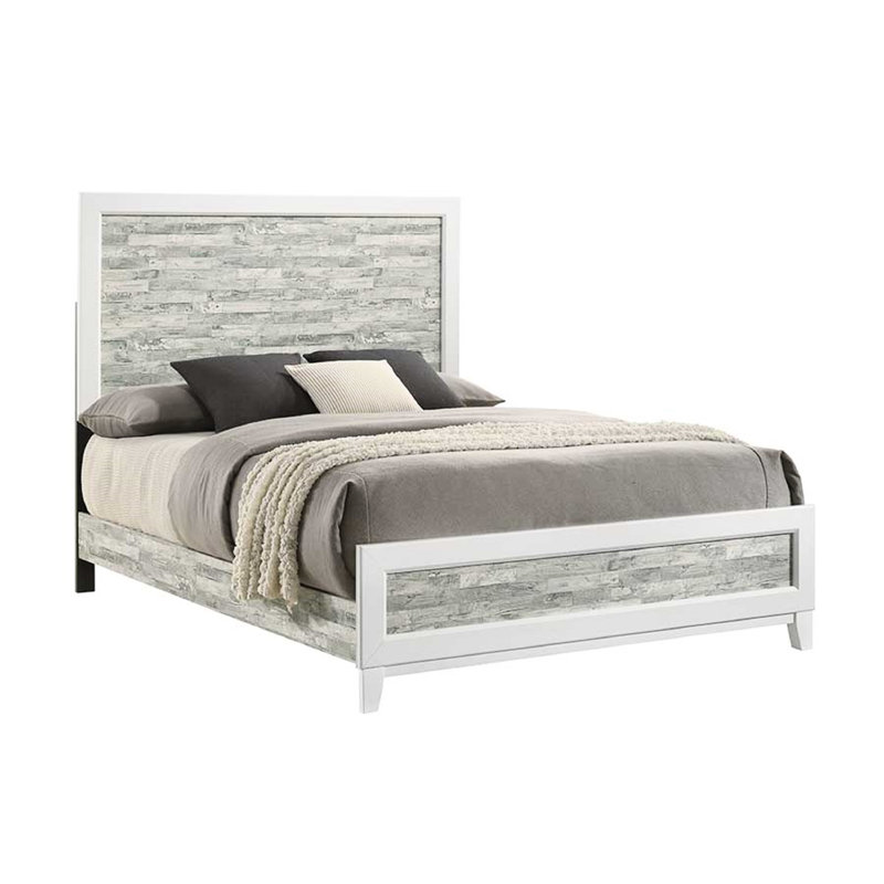 Très grand lit avec finition grise et blanche pour un cadre de chambre à coucher contemporain. Fabrication en bois bicolore gris / blanc