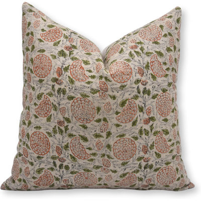 Fabdivine Karwachauth Block Print Pillow Cover Handmade Thick Linen Cushion in Red & Green, Boho Home Décor Accent Size-14x14