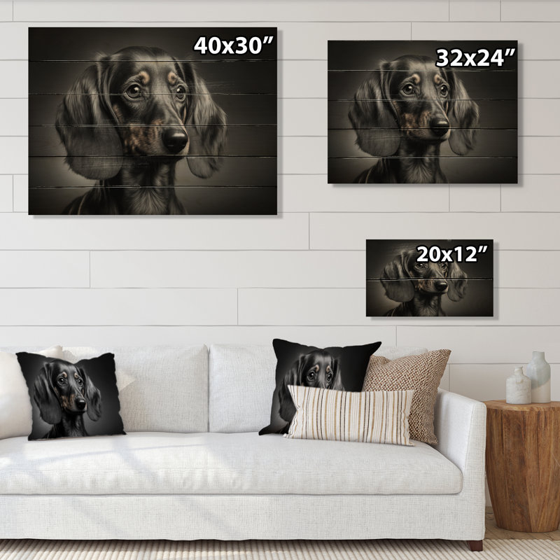 Portrait d'un teckel glam noir - impression sur bois, L 20 po x H 12 po x P 1 po