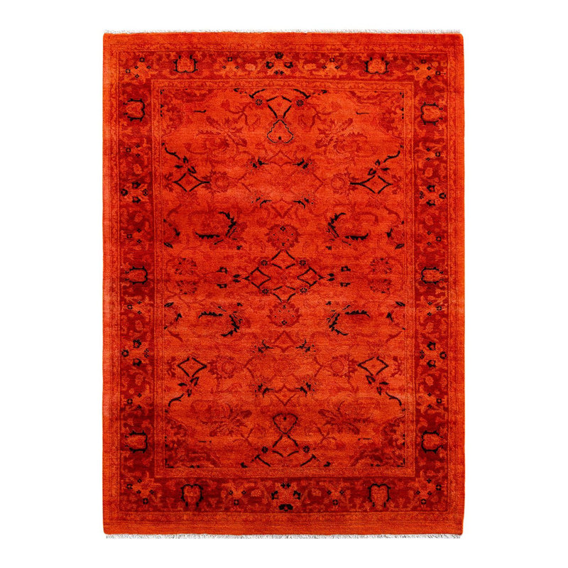 Tapis orange / noir surteint de conception unique 4 pi 3 po x 5 pi 10 po Overdyed