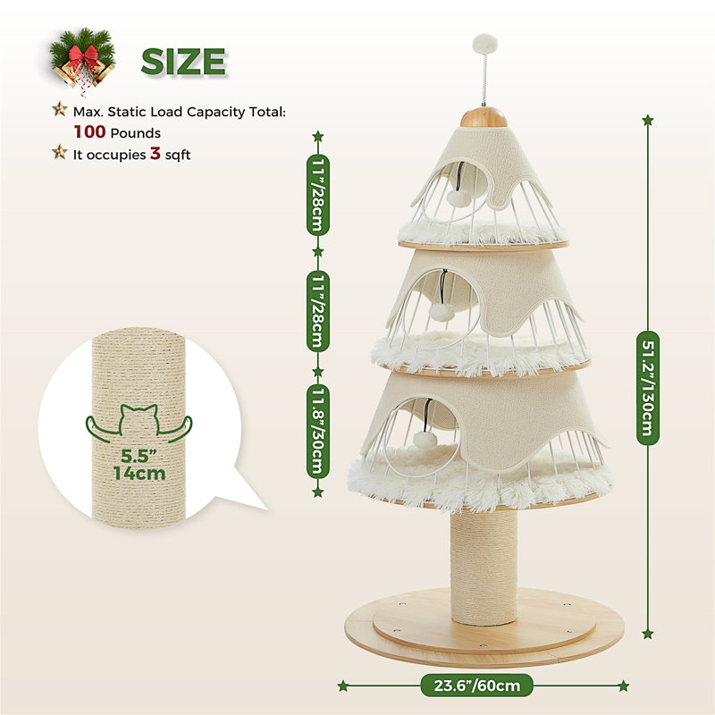 Arbre de Noël pour chat avec poteau à griffes épais (In5,4 po), tour pour chat en bois avec 3 condos - Mobilier robuste avec cadre en métal et tapis remplaçable pour chaton d'intérieur