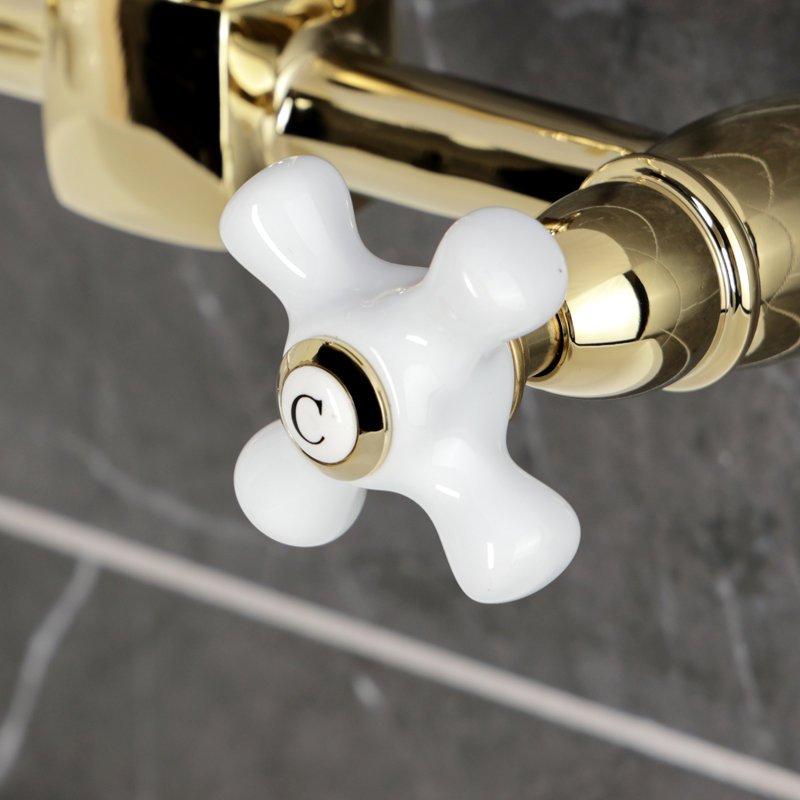 Kingston Brass Double-Handle 2-Hole Wall-Mount Bridge Kitchen Faucet, Cross Handle, Polished Brass