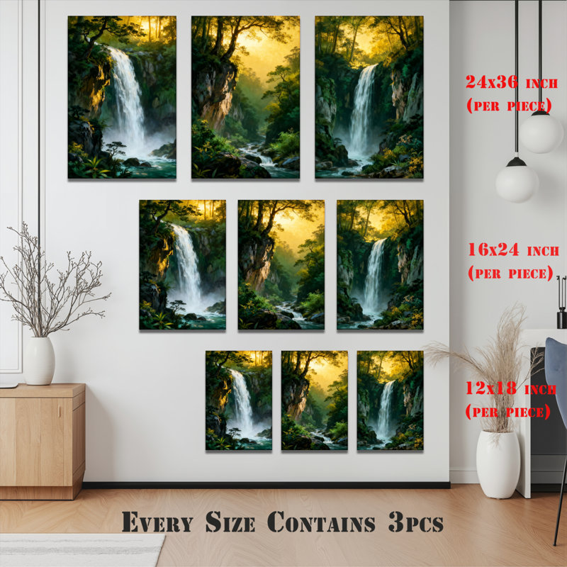 «Waterfall Forest Landscape», reproduction d'art sur toile tendue sur toile (ensemble de 3), H 18 po x l 36 po