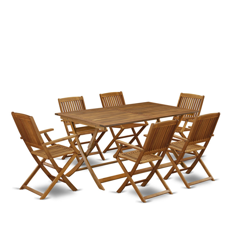 7 Piece Patio Bistro Dining Furniture Set Consist of a Rectangle Outdoor Acacia Wood Table and 6 Folding Arm Chairs, Natural Oil