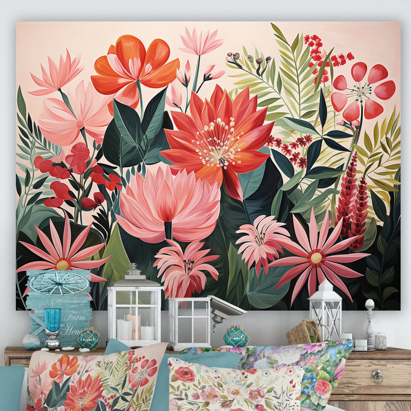 Motif floral rose de la jungle tropicale III - art mural floral, Toile tendue, H 16 po x l 32 po x P 1 po