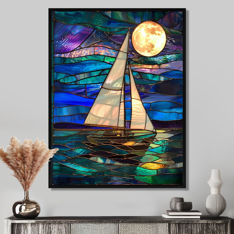Voilier au clair de lune sur l'océan bleu et vert - bateau, art mural, Toile avec cadre flottant noir