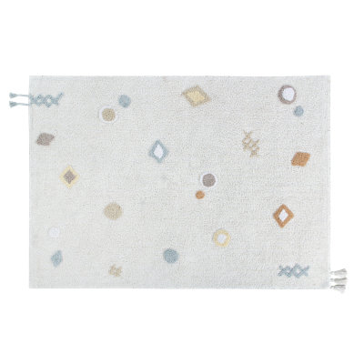 Abstract Handmade Tufted Rectangle 4'7'' x 6'7'' Cotton Area Rug in Ivory/ White/ Vanilla/ Light Blue/ Pearl Grey/ Natural/ Beige