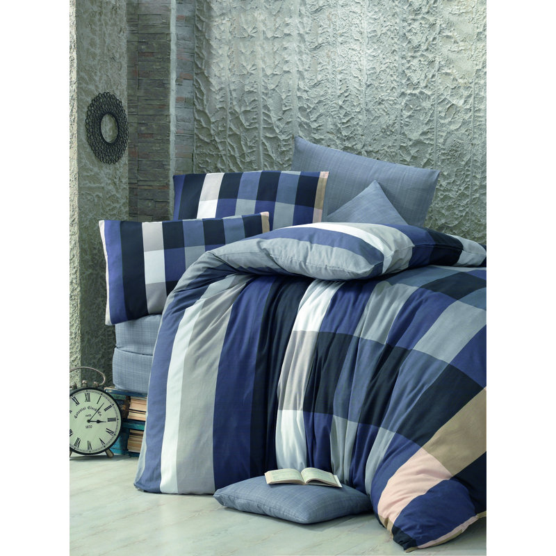 Ensemble de housse de couette en mélange de coton gris / bleu / blanc Moriarty