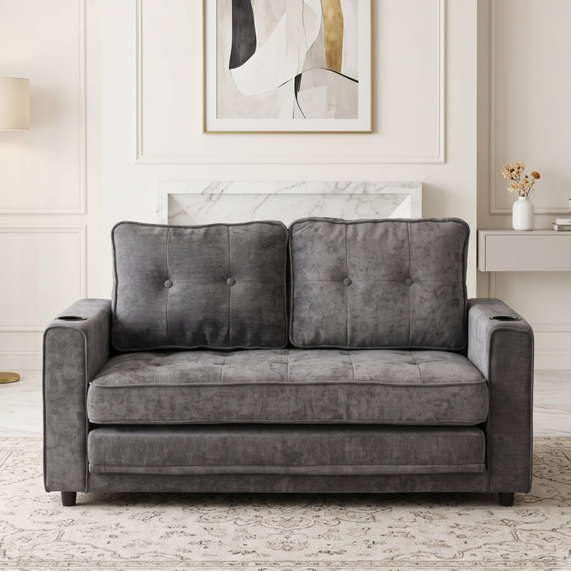 Causeuse convertible 2 places en velours gris foncé de 55 po de large avec rangement latéral, Gris foncé