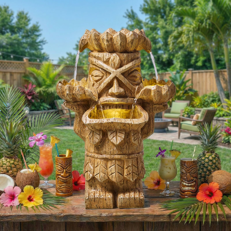 Polynesian Style Outdoor Fountain With Warm LED Lights For Garden, Patio, Or Courtyard, Corrosion-Resistant & Weather-Resistant Statue